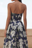 Blue Daffodil Flower A-Line Strapless Printed Ruched Maxi Floral Dress