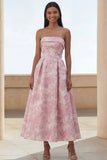 Blue Daffodil Flower A-Line Strapless Printed Ruched Maxi Floral Dress