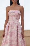 Blue Daffodil Flower A-Line Strapless Printed Ruched Maxi Floral Dress