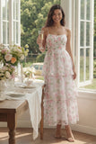 White Pink Flower Tiered A-Line Spaghetti Straps Long Floral Dress