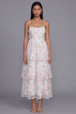 White Pink Flower Tiered A-Line Spaghetti Straps Long Floral Dress