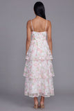White Pink Flower Tiered A-Line Spaghetti Straps Long Floral Dress