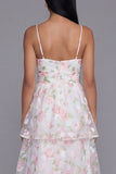 White Pink Flower Tiered A-Line Spaghetti Straps Long Floral Dress