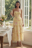 White Pink Flower Tiered A-Line Spaghetti Straps Long Floral Dress