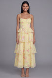 White Pink Flower Tiered A-Line Spaghetti Straps Long Floral Dress