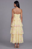 White Pink Flower Tiered A-Line Spaghetti Straps Long Floral Dress