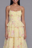White Pink Flower Tiered A-Line Spaghetti Straps Long Floral Dress
