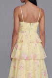 White Pink Flower Tiered A-Line Spaghetti Straps Long Floral Dress