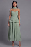 A-Line Dusty Sage Strapless Pleated Ruched Ruffled Midi Dress with Neck Scarf