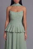 A-Line Dusty Sage Strapless Pleated Ruched Ruffled Midi Dress with Neck Scarf