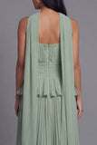A-Line Dusty Sage Strapless Pleated Ruched Ruffled Midi Dress with Neck Scarf