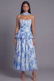 A-Line Dusty Sage Strapless Pleated Ruched Ruffled Midi Dress with Neck Scarf