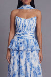 A-Line Dusty Sage Strapless Pleated Ruched Ruffled Midi Dress with Neck Scarf