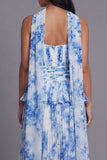 A-Line Dusty Sage Strapless Pleated Ruched Ruffled Midi Dress with Neck Scarf