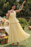A-Line Dusty Sage Strapless Pleated Ruched Ruffled Midi Dress with Neck Scarf