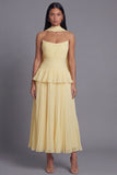 A-Line Dusty Sage Strapless Pleated Ruched Ruffled Midi Dress with Neck Scarf