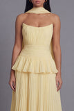 A-Line Dusty Sage Strapless Pleated Ruched Ruffled Midi Dress with Neck Scarf