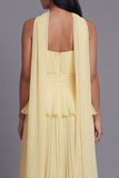 A-Line Dusty Sage Strapless Pleated Ruched Ruffled Midi Dress with Neck Scarf