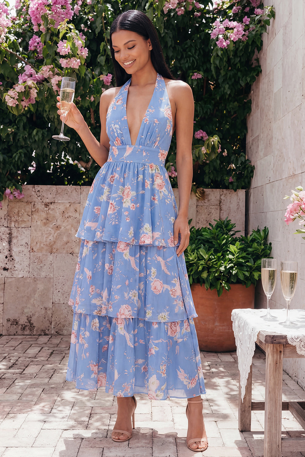 ZAPAKA Women Blue Pink Flower Halter Neck Floral Dress Tiered Ruched Long Wedding Guest Dress with Bow, Blue / US20W ZAPAKA Women Blue Pink Flower Halter Neck Floral Dress Tiered Ruched Long Wedding Guest Dress with Bow, Blue / US20W