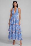 Blue Pink Flower Halter Neck Tiered Ruched Long Floral Dress with Bow