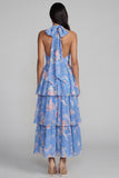 Blue Pink Flower Halter Neck Tiered Ruched Long Floral Dress with Bow