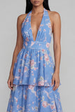 Blue Pink Flower Halter Neck Tiered Ruched Long Floral Dress with Bow