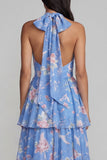 Blue Pink Flower Halter Neck Tiered Ruched Long Floral Dress with Bow