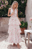 Blue Pink Flower Halter Neck Tiered Ruched Long Floral Dress with Bow
