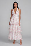 Blue Pink Flower Halter Neck Tiered Ruched Long Floral Dress with Bow