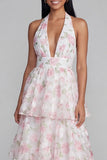 Blue Pink Flower Halter Neck Tiered Ruched Long Floral Dress with Bow