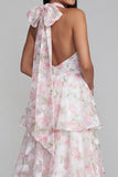 Blue Pink Flower Halter Neck Tiered Ruched Long Floral Dress with Bow