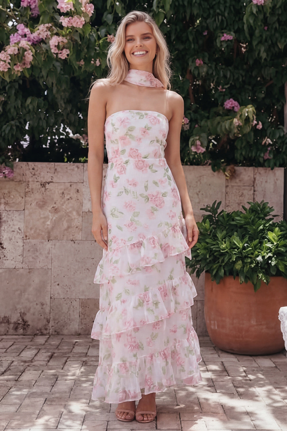 ZAPAKA Women Chiffon White Pink Flower Wedding Guest Dress Strapless Sheath Ruffled Long Floral Dress with Neck Scarf, White / US22W ZAPAKA Women Chiffon White Pink Flower Wedding Guest Dress Strapless Sheath Ruffled Long Floral Dress with Neck Scarf, White / US22W