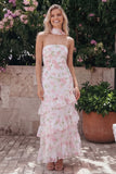 Bloom With Grace Yellow Strapless Ruffle Floral Tiered Maxi Dress with Matching Neck Scarf