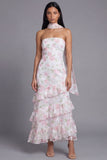 Bloom With Grace Yellow Strapless Ruffle Floral Tiered Maxi Dress with Matching Neck Scarf