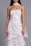 Bloom With Grace Yellow Strapless Ruffle Floral Tiered Maxi Dress with Matching Neck Scarf