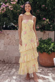 Bloom With Grace Yellow Strapless Ruffle Floral Tiered Maxi Dress with Matching Neck Scarf