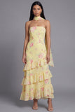 Bloom With Grace Yellow Strapless Ruffle Floral Tiered Maxi Dress with Matching Neck Scarf