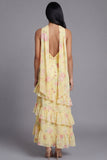 Bloom With Grace Yellow Strapless Ruffle Floral Tiered Maxi Dress with Matching Neck Scarf