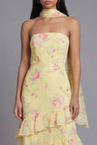 Bloom With Grace Yellow Strapless Ruffle Floral Tiered Maxi Dress with Matching Neck Scarf