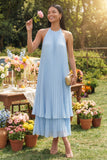 Halter Neck A-Line Sky Blue Pleated Maxi Dress with Bow