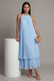 Halter Neck A-Line Sky Blue Pleated Maxi Dress with Bow