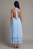 Halter Neck A-Line Sky Blue Pleated Maxi Dress with Bow