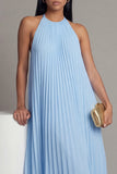 Halter Neck A-Line Sky Blue Pleated Maxi Dress with Bow