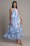 Halter Neck A-Line Sky Blue Pleated Maxi Dress with Bow