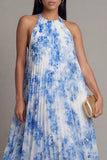 Halter Neck A-Line Sky Blue Pleated Maxi Dress with Bow