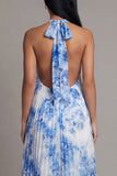Halter Neck A-Line Sky Blue Pleated Maxi Dress with Bow