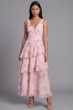 Enchanted Evening Blush Pink Floral V-Neck Tiered Ruffle Maxi Dress