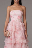 Petal Perfection Blush Pink Rose Print Tiered Ruffle Strapless Midi Dress