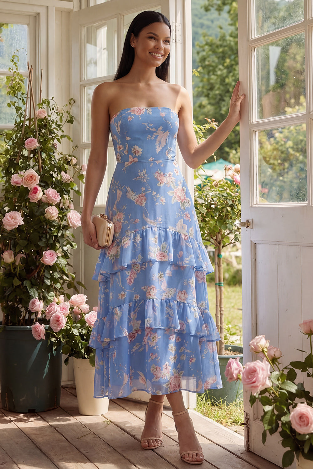 ZAPAKA Women Chiffon Blue Wedding Guest Dress Sheath Strapless Tiered Printed Long Floral Dress, Blue / US6 ZAPAKA Women Chiffon Blue Wedding Guest Dress Sheath Strapless Tiered Printed Long Floral Dress, Blue / US6