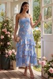 Blue Sheath Strapless Chiffon Tiered Printed Long Floral Dress